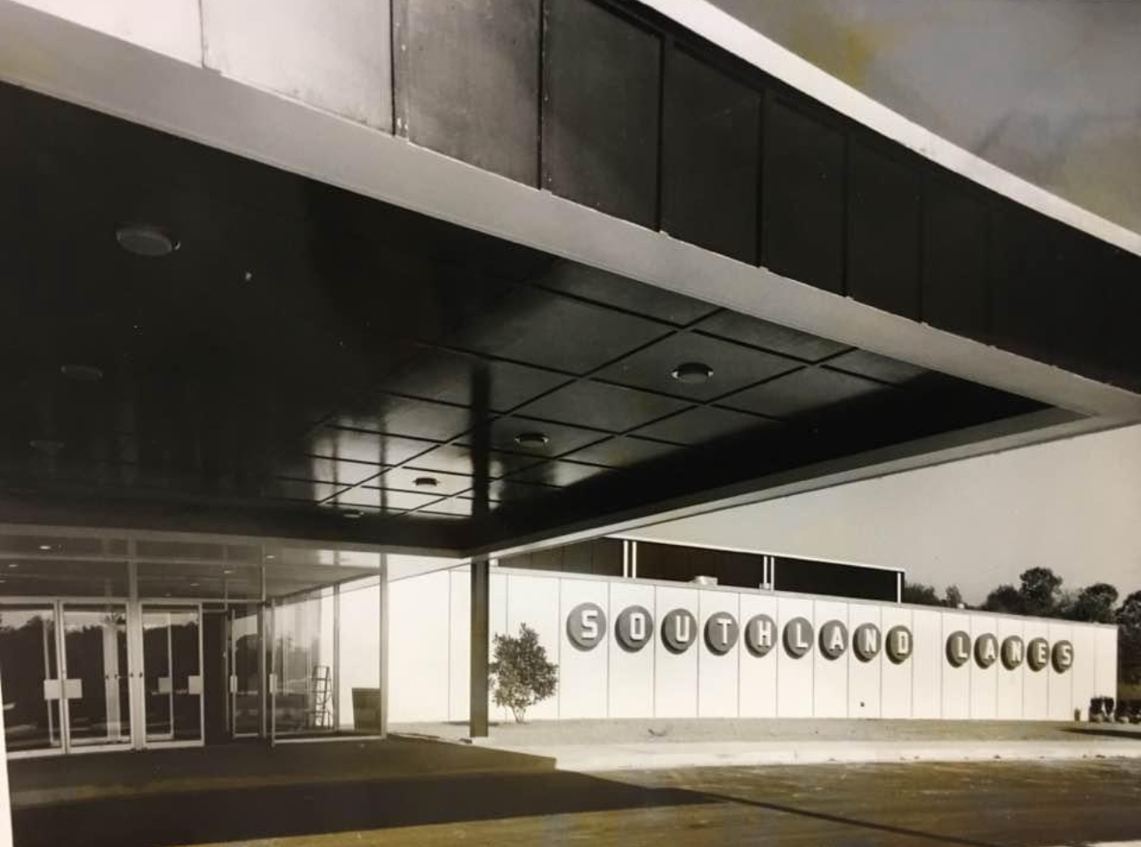 Historic black-and-white photograph of the Southland Lanes entrance and building